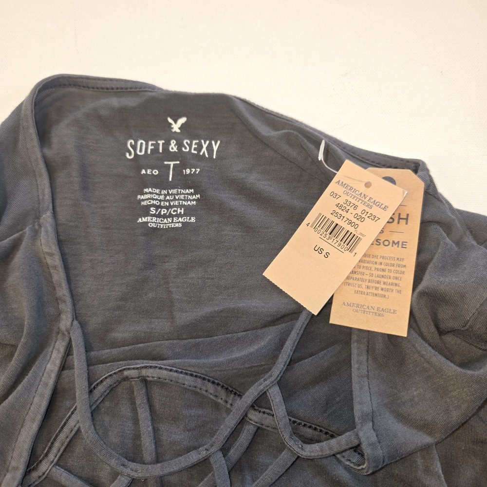 American Eagle Gray Soft & Sexy Long Sleeve Womens Tee Crosscross V-Neck Small - Picture 4 of 7